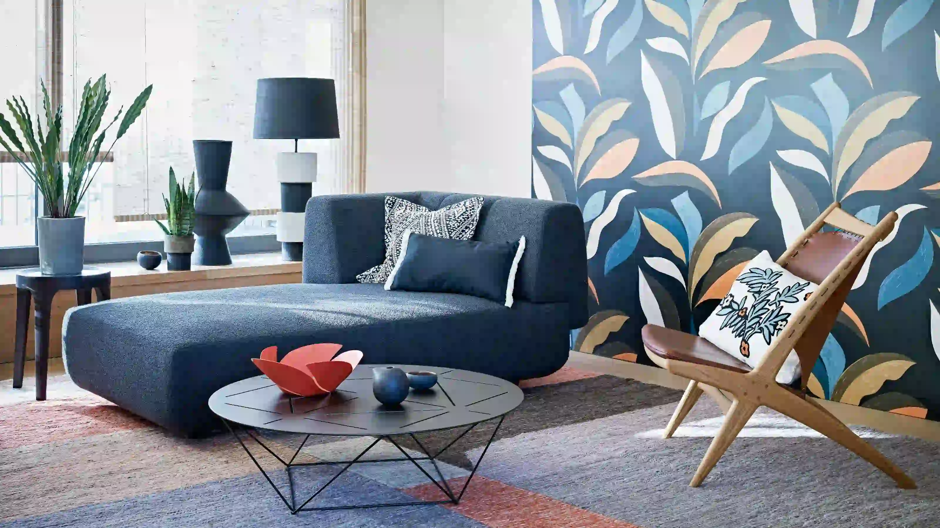 Warm patterned wallpaper covering a living room wall